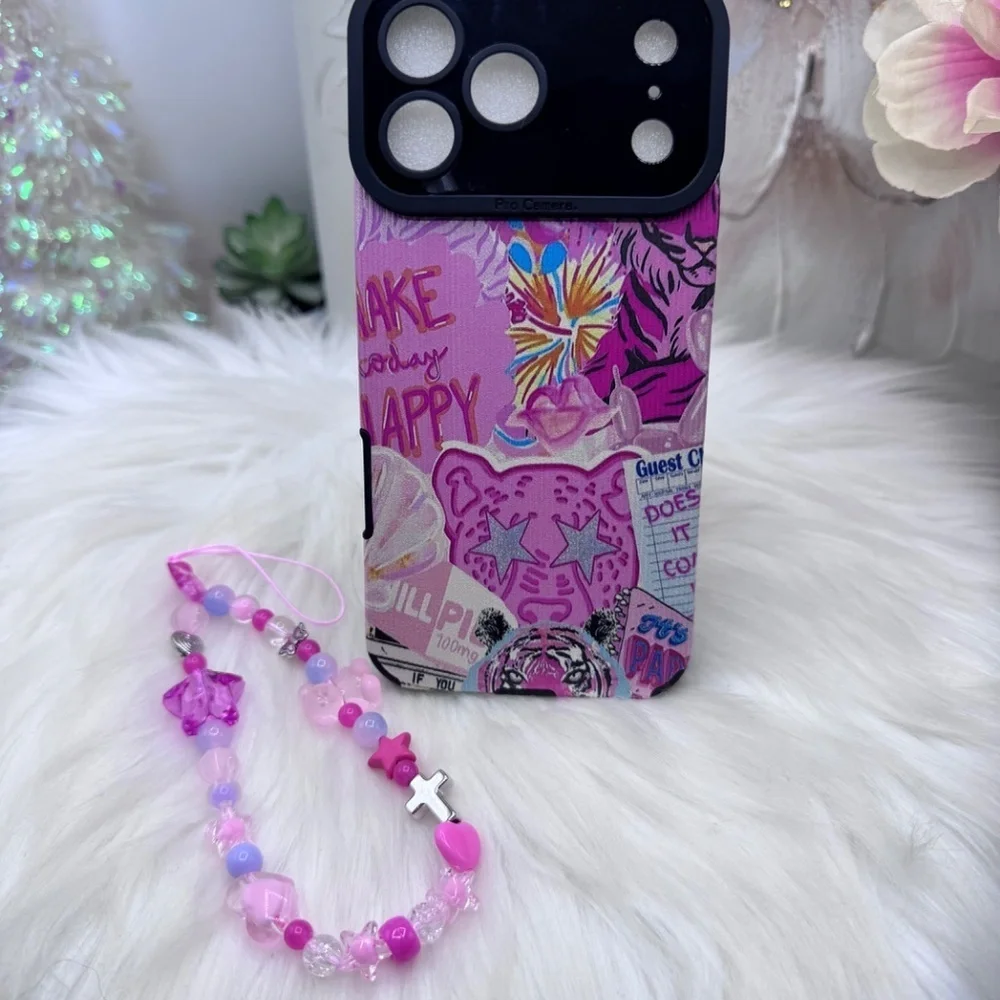 Vibrant Pink Tiger Graphic Themed iPhone 17 Pro Max Case with pink Beaded Strap